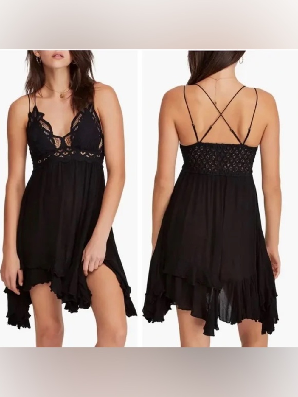 Free People Adella crochet top black mini boho dress 💜